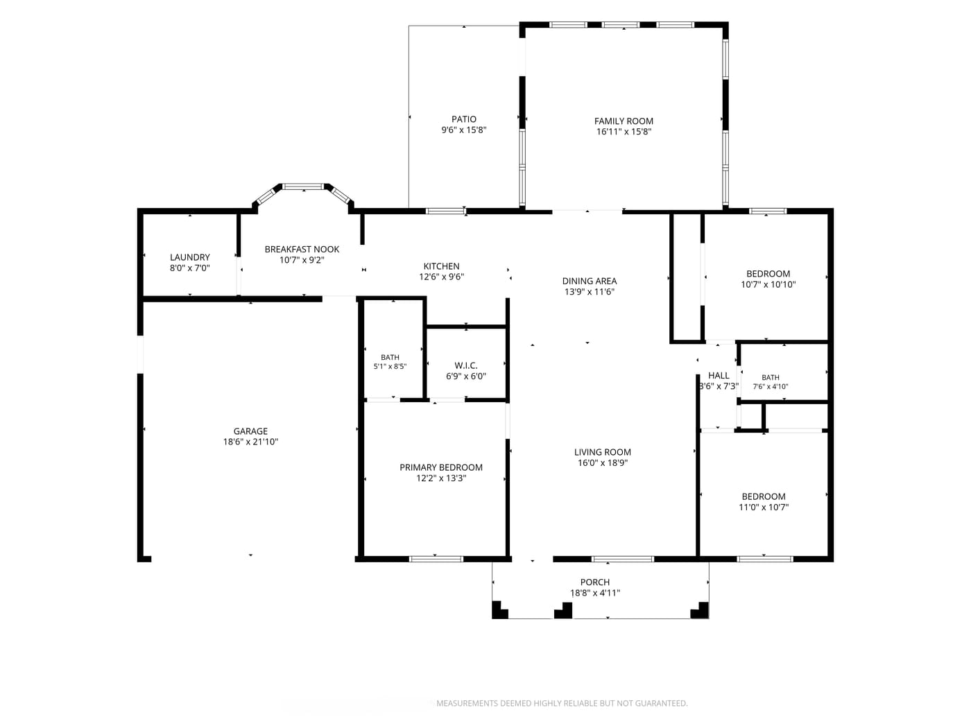 Floor plan of the house showing three bedrooms, two bathrooms, kitchen, living room, and sunroom