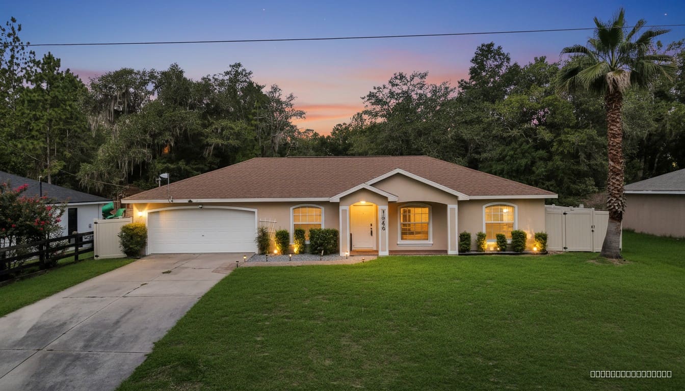 True Gait Living at dusk: single-story house with a wide concrete driveway and lawn